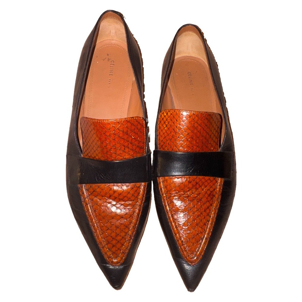Vtg Celine Phoebe Philo black Python leather Pointed Loafers Sz EU 38 Two Tone
